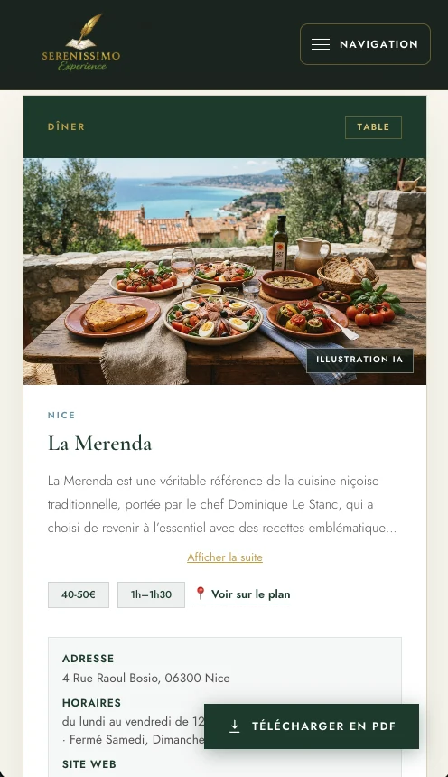 Une adresse Serenissimo sur un téléphone : la fiche du restaurant La Merenda, à Nice, avec sa description, son budget, sa durée, le lien vers le plan, l’adresse et les horaires.